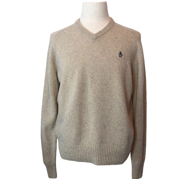 Original Penguin 100% Lambswool Beige V-Neck Sweater Size L Preppy Minimalist - Picture 1 of 7